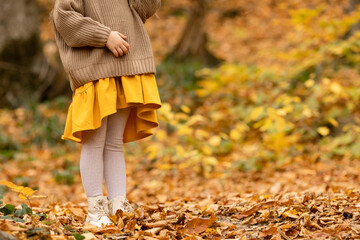 Little girl walking in autumn park. Closeup of kids legs in shoes walking through fall autumn leaves and foliage