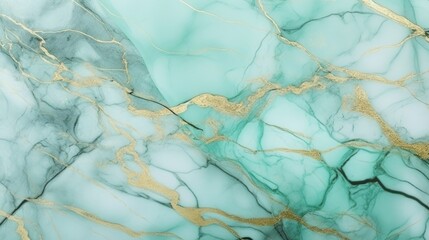 Mint Marble with Golden Veins Horizontal Background. Abstract stone texture backdrop. Bright natural material Surface. AI Generated Photorealistic Illustration.