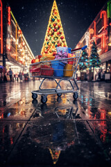 Shopping cart full of colorful gift boxes with bows. sequins, shine, glitters, vibrant colors. The concept of Christmas and New Year, joy and happiness.