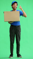 full-length male courier holding a box on a green background