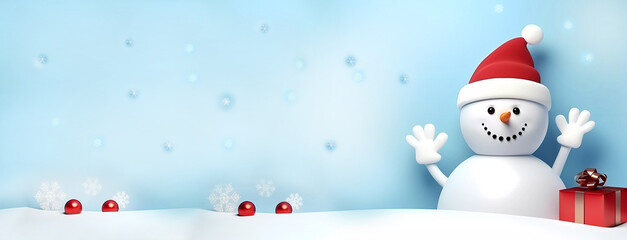 Snowman with a gift in a red hat and scarf on a white background. Banner. Copy smpys. Advertising. Generated AI. Photoshop has been improved.