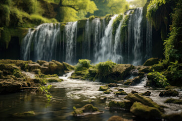 Obraz premium A majestic waterfall cascades down a rocky cliff, creating a breathtaking natural spectacle amidst lush green surroundings. Waterfall in the wilderness. Generative Ai.