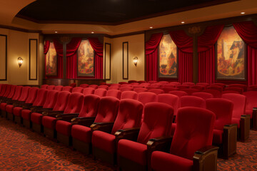 A row of red chairs in a theater. The chairs are arranged in neat rows, with a small aisle between each row, red cushions