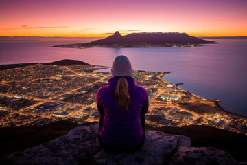 Back view of a woman with a purple jacket sitting on a rock, overlooking a city at sunset - Powered by Adobe