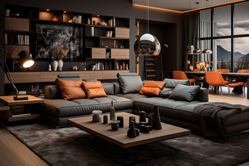 Modern style living room dark and orange interior, home and property advertisement, real estate agency 