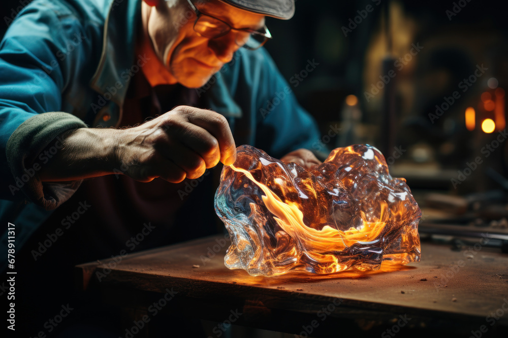 Canvas Prints A talented glass artist sculpts molten glass into a delicate glass figurine, revealing the artistry of glass sculpting. Glass artistry and sculpting. Generative Ai.