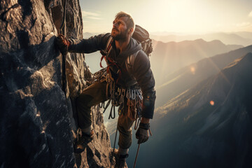 A professional rock climber conquers a challenging ascent, showcasing strength, agility, and determination in the vertical world. Rock climbing and extreme sports. Generative Ai. - Powered by Adobe