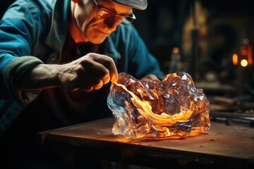 A talented glass artist sculpts molten glass into a delicate glass figurine, revealing the artistry of glass sculpting. Glass artistry and sculpting. Generative Ai. - Powered by Adobe