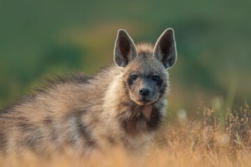 Selective focus view of a striped hyena in a field with tall grass