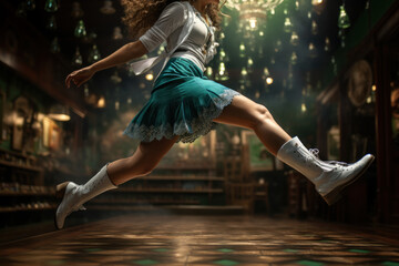 An expressive and spirited Irish dancer, feet tapping to traditional rhythms, showcases the lively art form of Irish step dancing. Generative Ai. - Powered by Adobe