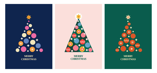 Vector set of Christmas greeting cards, banners, backgrounds with stylised Christmas trees. Templates for vertical posters, paper bags, social media posts in flat style.