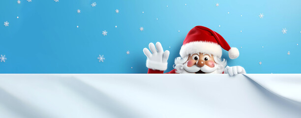 Santa Claus in a red hat and scarf on a white background. Santa Claus is hiding behind paper. Banner. Copy smpys. Advertising. Generated AI. Photoshop has been improved.