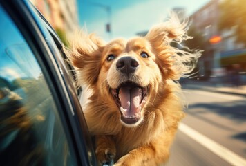 cute dog is traveling by car with their family on weekend trip.   - obrazy, fototapety, plakaty