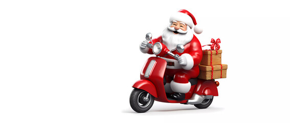Santa Claus on a motorcycle carries gifts on a white isolated background. Cartoon. Christmas. Generated AI. Photoshop has been improved.