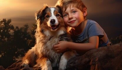 A cute dog and a child are relaxing while they traveling together. 