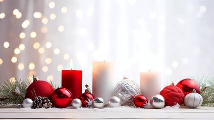 Candles, fir branches, balls on a white table. Bokeh. Christmas. Generated AI. Photoshop has been improved.