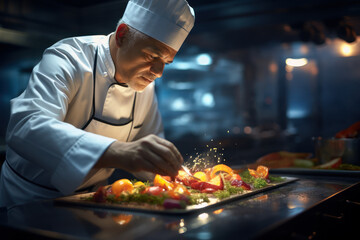 A seasoned chef, donning a chef's hat and uniform, prepares a fusion dish blending flavors from various global cuisines, representing the beauty of culinary innovation. Generative Ai.