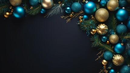 Fototapeta na wymiar Christmas frame top border made of fir tree branches with golden and blue balls. Surprise for New Year or Christmas. New Year concept. Decor concept. Celebrate concept. Magic concept. 