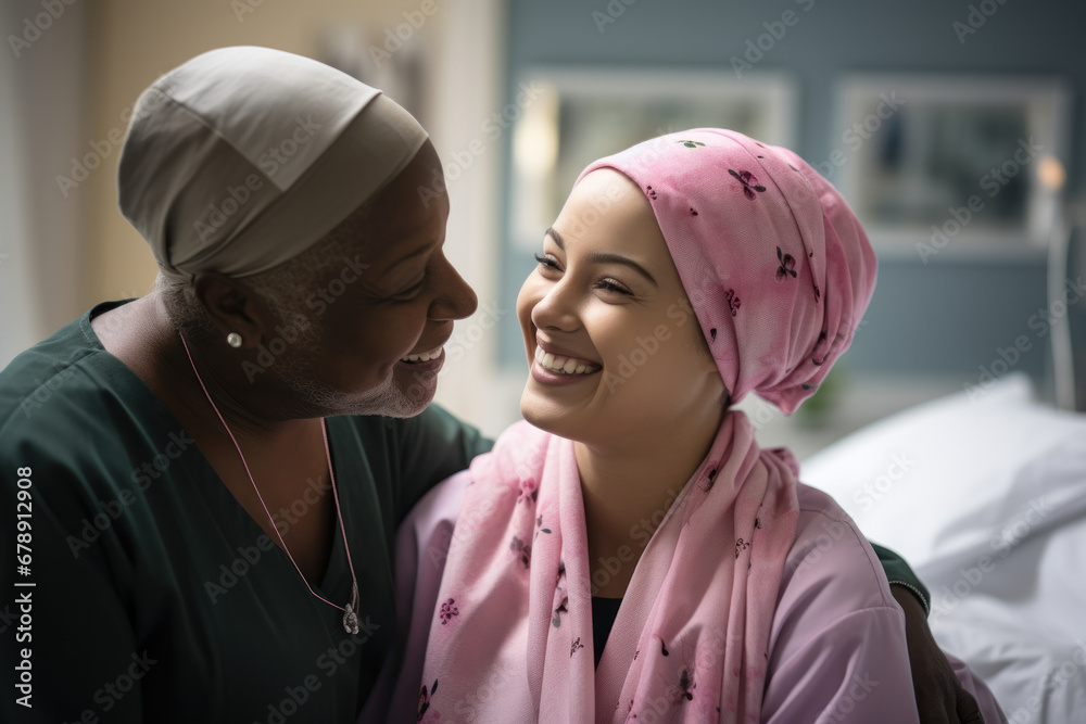 Wall mural a compassionate healthcare professional providing emotional support to a cancer patient, emphasizing