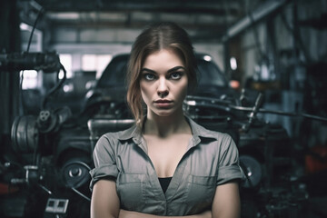 Confident woman with arms crossed standing in auto repair shop. Generative AI.
