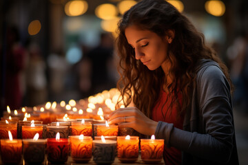 A person lighting a candle in memory of loved ones lost to cancer, highlighting the importance of remembrance on this day. Generative Ai. - obrazy, fototapety, plakaty