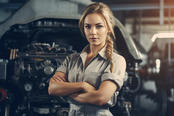Confident, attractive woman with arms crossed, standing in a car repair shop. Generative AI.
