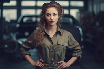 Obraz na płótnie Canvas Young professional mechanic woman representing expertise and friendliness in an auto repair shop. Generative AI.