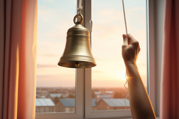A cancer patient ringing the bell of hope to mark the end of their treatment journey, representing triumph over adversity. Generative Ai.