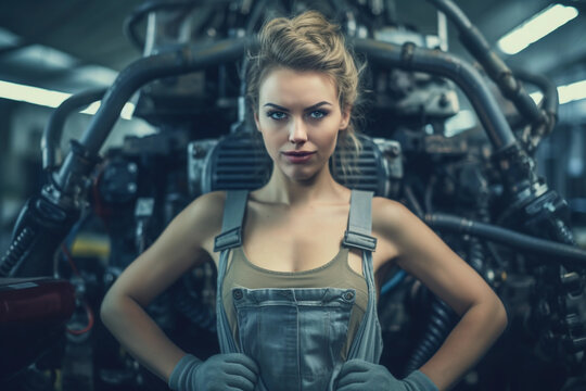 Attractive female mechanic posing with car in auto repair workshop. Generative AI.