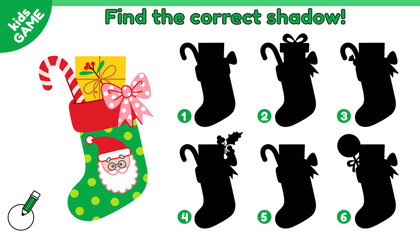 Educational kids game. Find the correct shadow. Cartoon Christmas sock with candy and gift. Puzzle for preschool and school children. New Year activity book. Holiday Xmas stocking vector illustration.