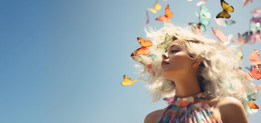 Beautiful young girl in a cheerful, colorful dress enjoying a beautiful and sunny day in the wind, surrounded by butterflies in her hair and around her.