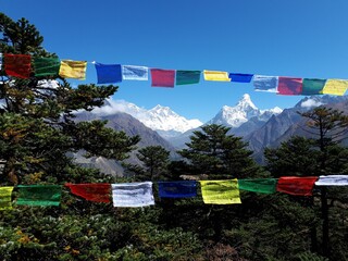 Closeup view of colorful prayer flags on a trek of the Himalayas © Wirestock