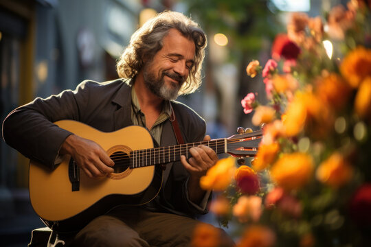 A musician serenading passersby with love songs on the streets, adding a touch of romance to the day. Generative Ai.