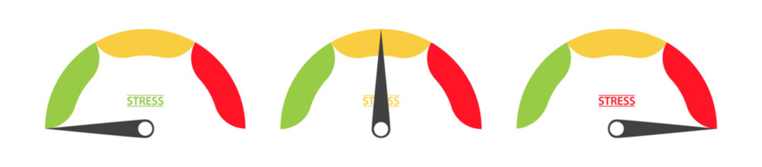 Stress level meter gauge set indicating low, average, high. Colorful medical vector to use for healthcare, healthy lifestyle, psychology, burnout projects.
