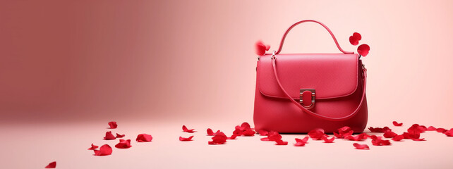 Elegant woman's bag, surrounded and sprinkled with red rose petals, in the style of holiday gifting with delicate, warm feminine colors.
