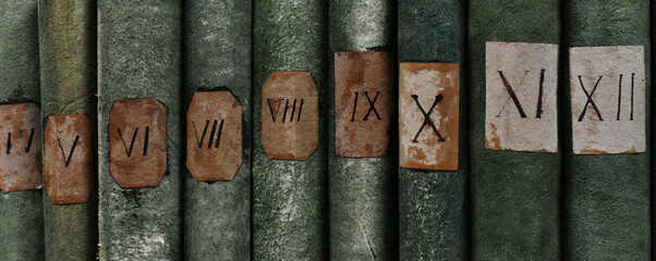 Old books with Roman numerals in the library