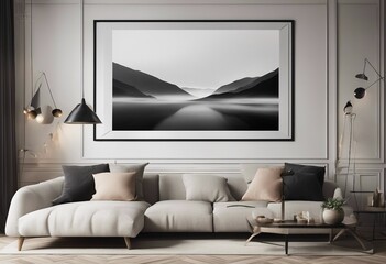 Stylish Living Room Interior with an Abstract Frame Poster Modern interior design 3D render