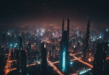 Spectacular nighttime in cyberpunk city of the futuristic fantasy world features skyscrapers flying
