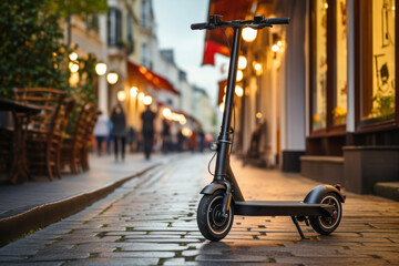 An electric scooter parked on a sidewalk, representing eco-friendly urban transportation....