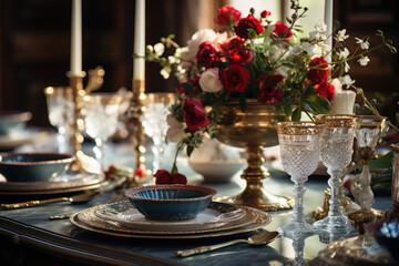 An elegantly adorned dining table set for a formal 18th-century dinner party, highlighting the art of table manners and etiquette. Generative Ai.