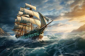 An 18th-century sailing ship navigating the high seas, emphasizing maritime exploration and trade. Generative Ai.