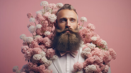 A handsome man in an elegant suit with a long, well-groomed beard, surrounded by blooming flowers, in the spirit of romantic, gentle, and warm colors.