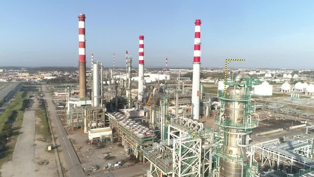 An oil depot and oil refinery Plant by drone aerial view. Matosinhos, Portugal