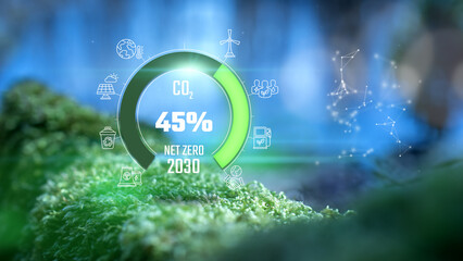 Net Zero Emissions 45% Reduction in 2030 Countdown Green Power Concept On Moss Background - obrazy, fototapety, plakaty