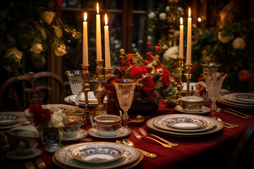 Christmas Table. Tableware, plates, cutlery and food. in close-up. Preparing for Christmas Eve dinner.