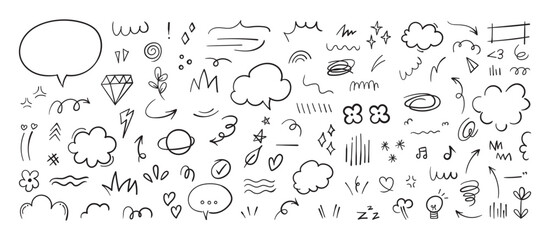 Fototapeta na wymiar Cute pen line doodle element vector. Hand drawn doodle style collection of speech bubble, arrow,