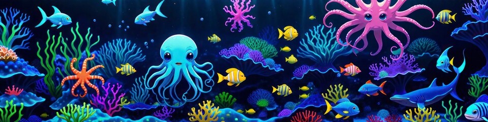Obraz na płótnie Canvas Abstract children banner inhabitants of underwater world, background for your design