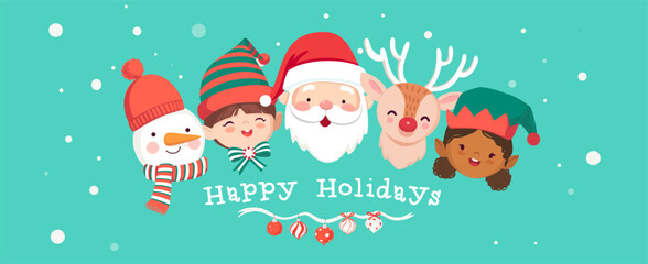Happy Holidays horizontal banner with cute Santa Claus, snowman, elves and deer. Holiday cartoon character in winter season. Merry Christmas and happy new year greeting card. Vector