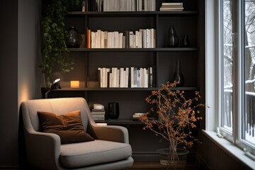 Cozy reading nook with a modern armchair and wall-mounted bookshelves.