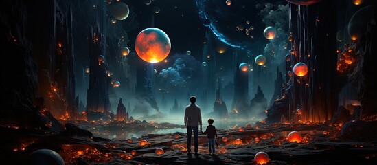 Fantasy landscape with man and alien planet.